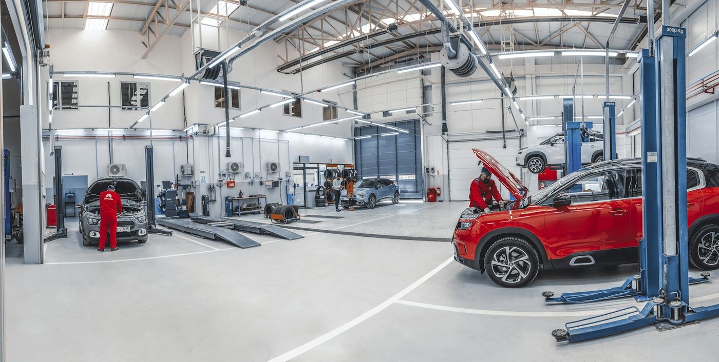 Bright workshop with cars on hoists