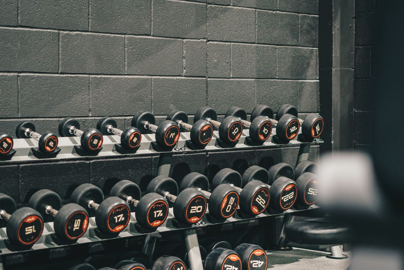 Row of kettlebells on the gym floor