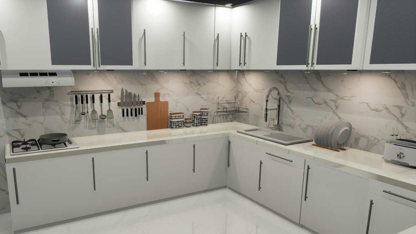 Kitchen with white cabinets and marble benchtops