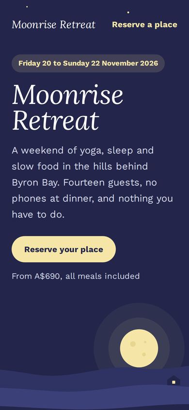 Yoga retreat event landing page